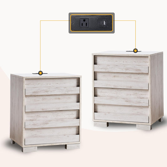 AMERLIFE Nightstand Set of 2 with Charging Station, Wood Bedside Table with 2 Drawers, Farmhouse End Table with Slated Handles & Stainless Steel Feet for Bedroom, Living Room, Distressed White