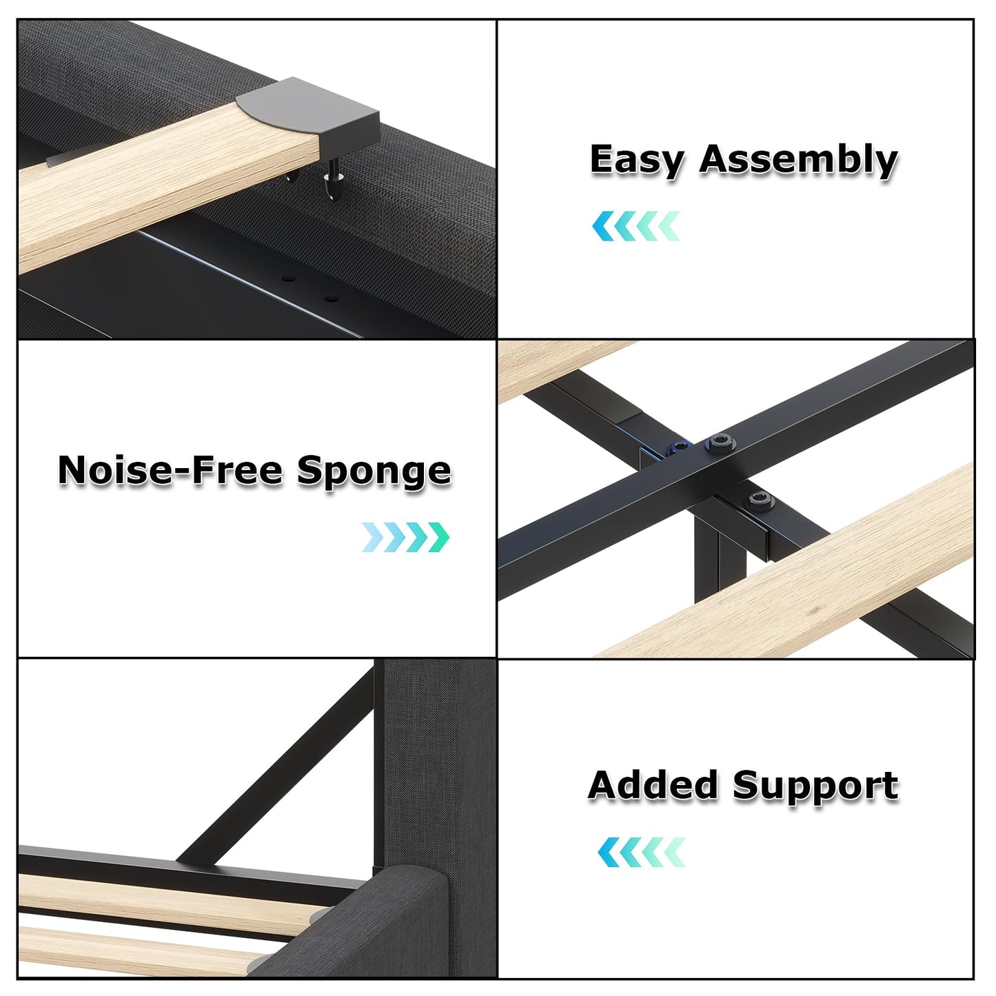 busyaeh Queen Bed Frame with Storage Headboard, Metal Bed Frame with LED Lights & Charging Station, Upholstered Queen Bed with Marshmallow Headboard, No Box Spring Needed, Easy Assembly，Dark Gray