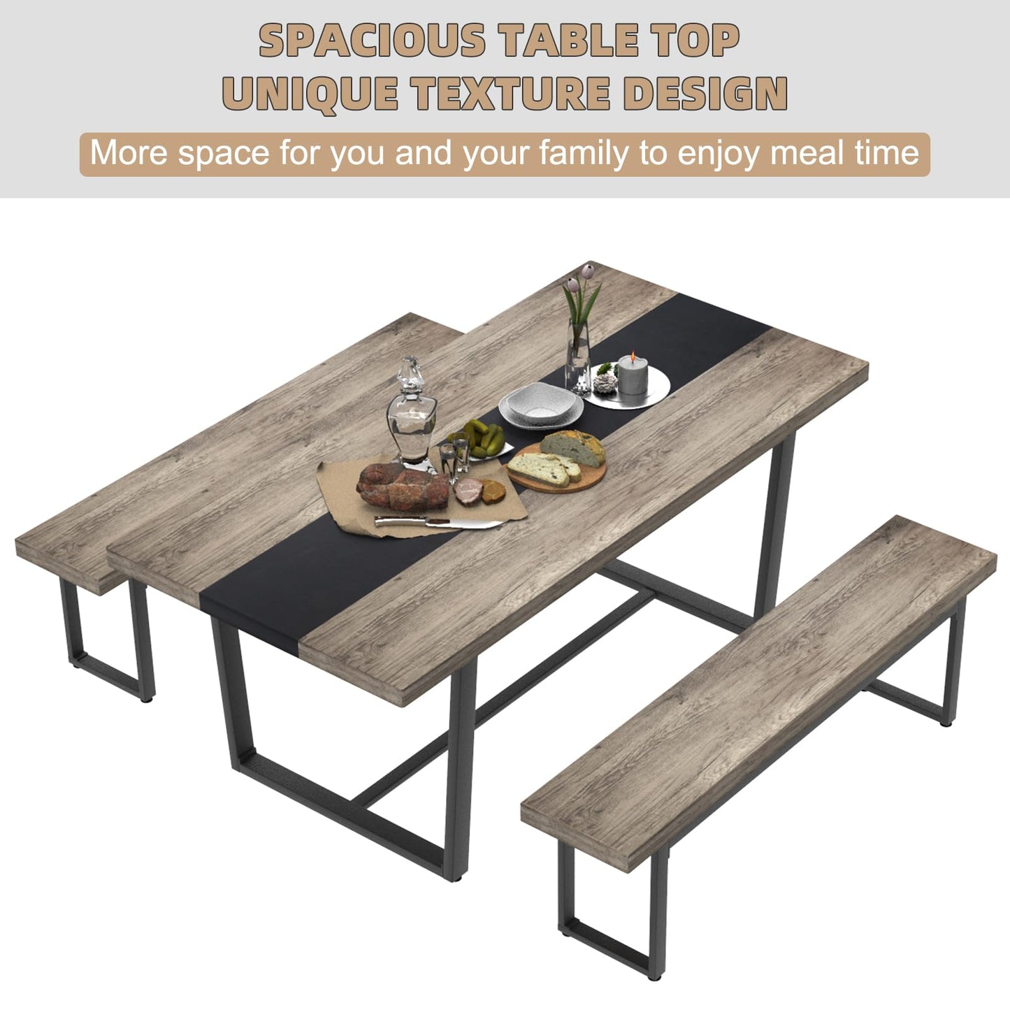 STHOUYN 71" 6ft Large Dinner Table for 6 8 Seat Dining Room Table, Rectangular Farmhouse Modern Kitchen Long Black & Grey Industrial Conference (Grey)