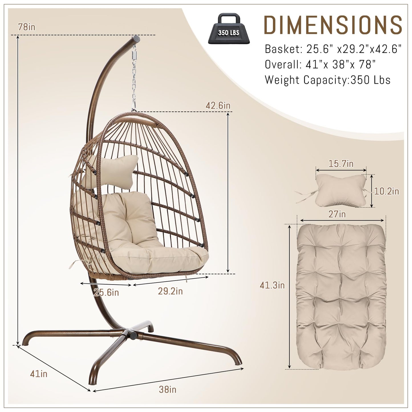 RADIATA Wicker Egg Swing Chair with Stand for Outside, Outdoor Comfy Hanging Egg Patio Chairs with Thick Cushion, 350Lbs Durable Swinging Rattan Chair for Bedroom Porch Backyard Balcony, Brown, Tan