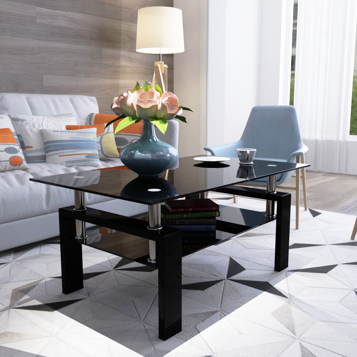 IANIYA Clear Glass Coffee Table Metal Tube (All-Black)