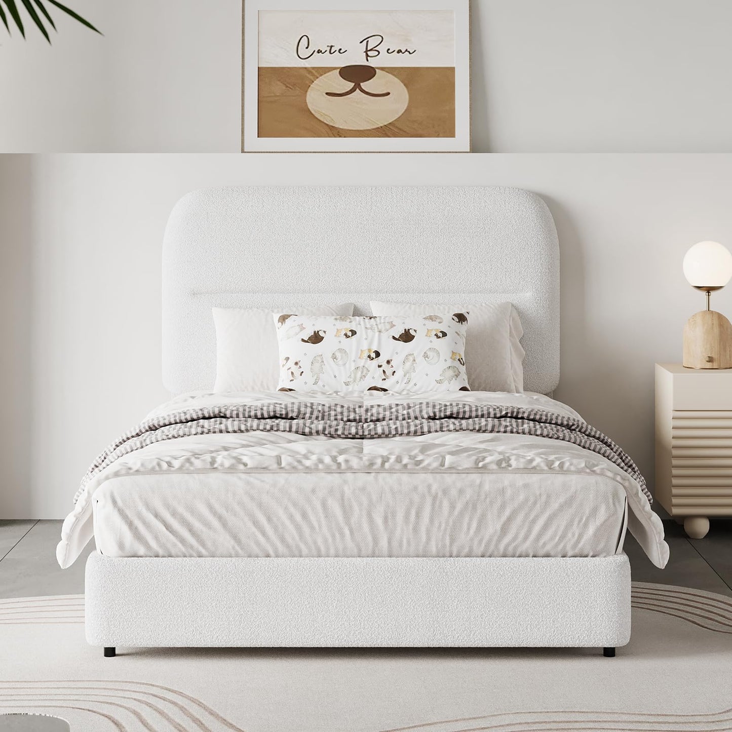 HOMBCK Twin Bed Frames with Headboard, Boucle Upholstered Platform Bed Twin Size for Kids, Rounded Corners & Thickened Footboard, No Box Spring Needed/Easy Assembly, White