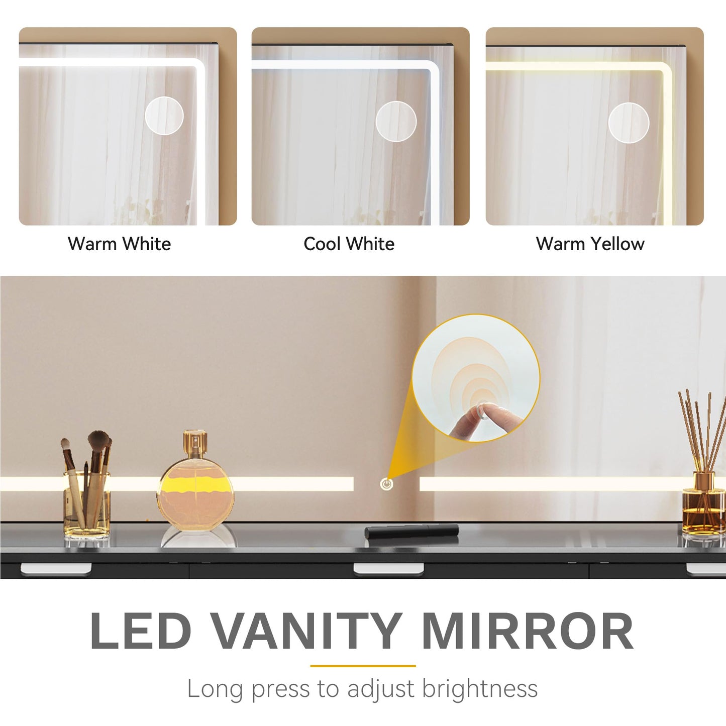 DWVO Makeup Vanity Desk for Dressing Room, Vanity Mirror with Lights & Charging Station, Dressing Table, Vanity Stool
