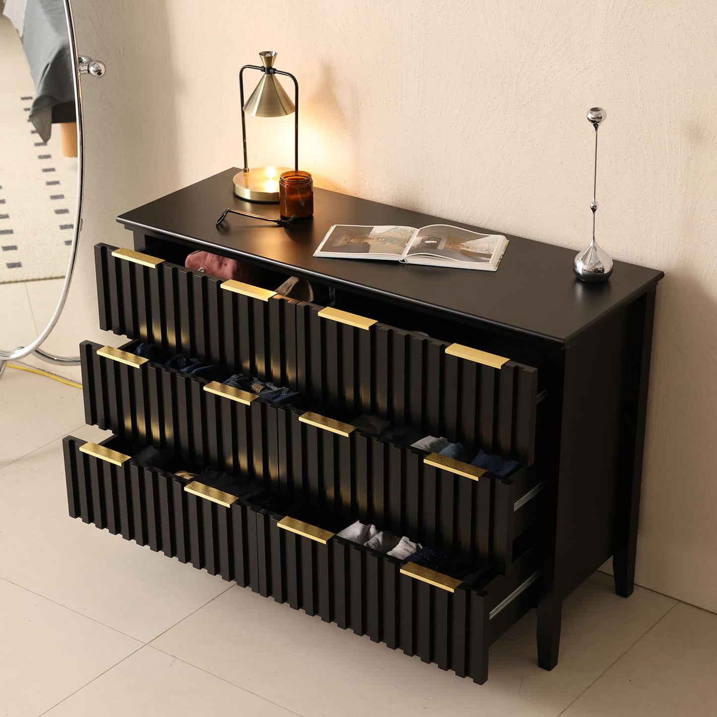LAZZO 6 Drawer Dresser for Bedroom Black Fluted Wooden Dresser Tall Chest of Drawers with Double Golden Handles Modern Storage Chest TV Stand Storage Cabinet for Living Room, Hallway，Closet