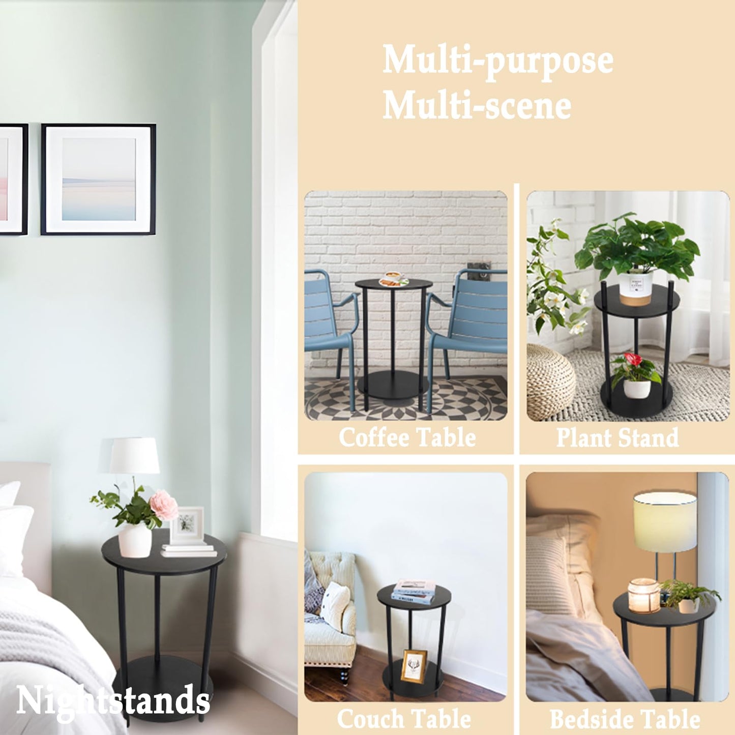 BITYODD Round Side Table Set of 2, 2-Tier End Table, Small Round Nightstands with Storage Shelf, Modern Accent/Coffee/Bedside Table for Living Room, Bedroom-Black