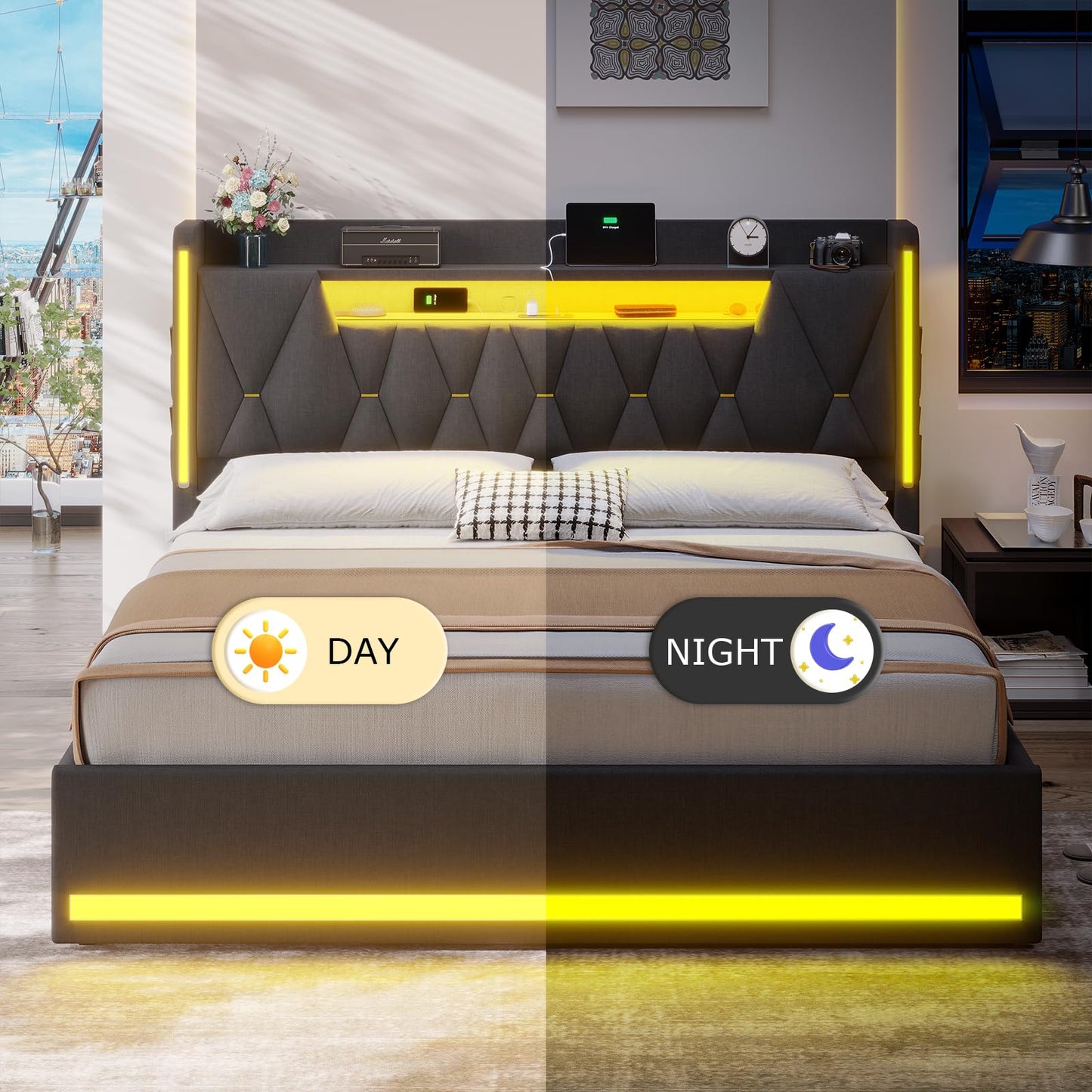 BYSAUD King Size Bed Frame with LED Lights & Charging Station, LED King Bed with Hidden Space and 2-Tier Shelves, Upholstered Metal Bed Frame with Headboard, No Box Spring Needed, Dark Gray, Linen
