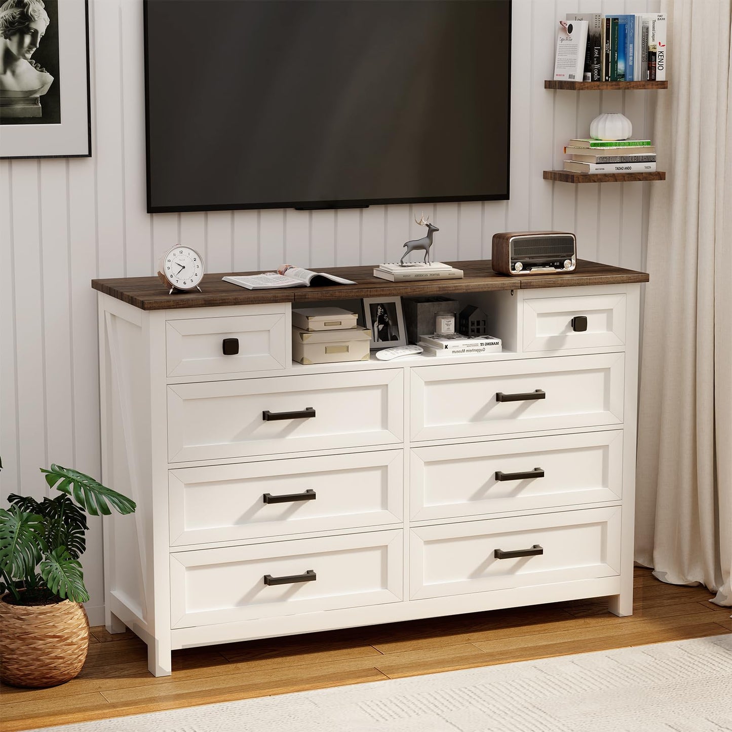 BROTTAR Dresser with Mirror for Bedroom, Chest of Drawers with LED Mirror, 8 Drawer Dresser with Charging Station, White Kids Dressers, Farmhouse Makeup Vanity with Storage for Bedroom