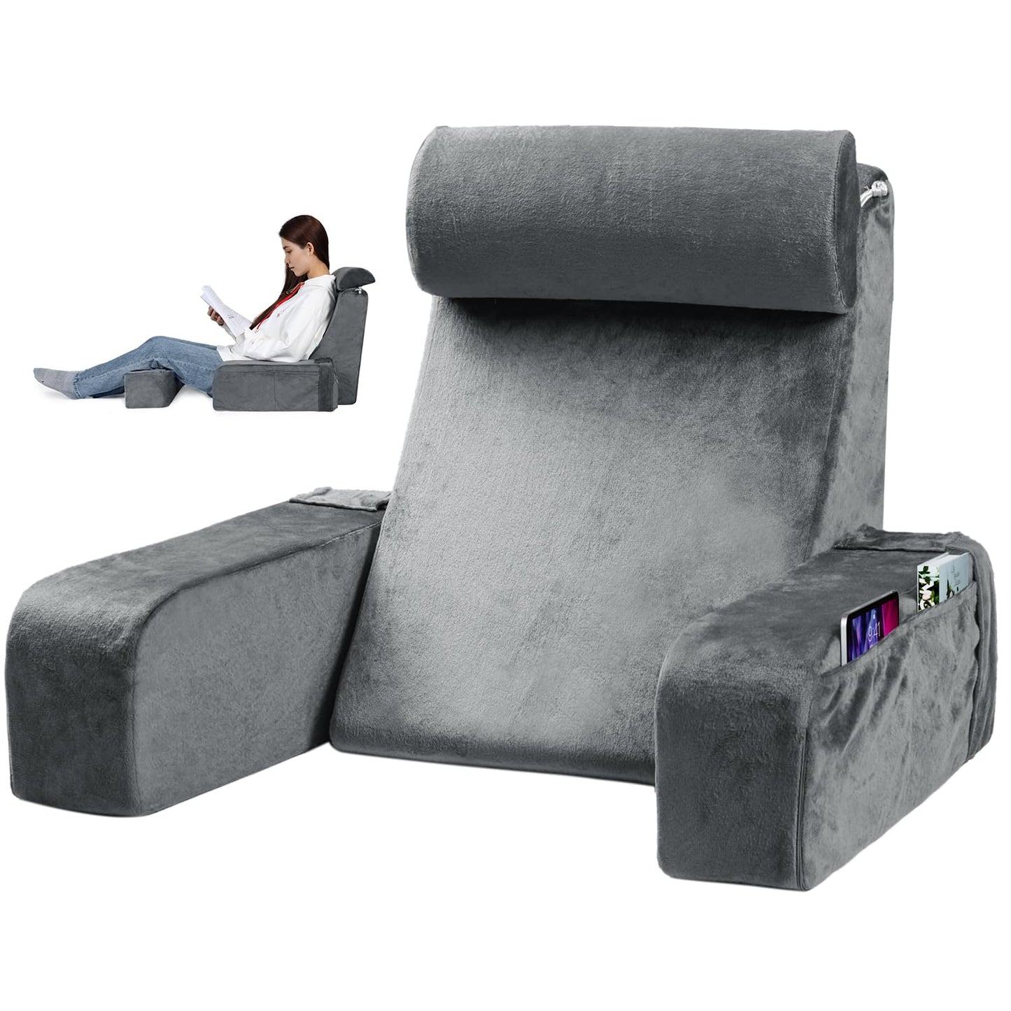 Reading Pillow for Sitting in Bed - Back Pillow for Sitting Up - Back Support Pillow with Detachable Neck Roll & Arms - Full Support - Reading & Bed Rest Pillows for Watching TV/Reading/Gaming