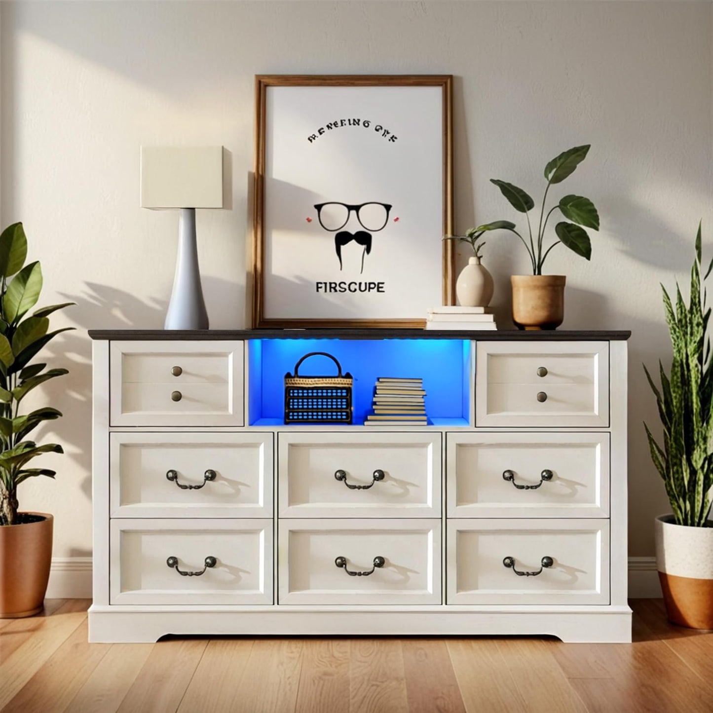Homkdom White Dresser for Bedroom with Charging Station & Led Lights,55.02" TV Stand with 8 Drawers,Dressers & Chests of Drawers with Open Shelves,Hallway,Closet 55.02" W x 34.53" H x 15.77" D White