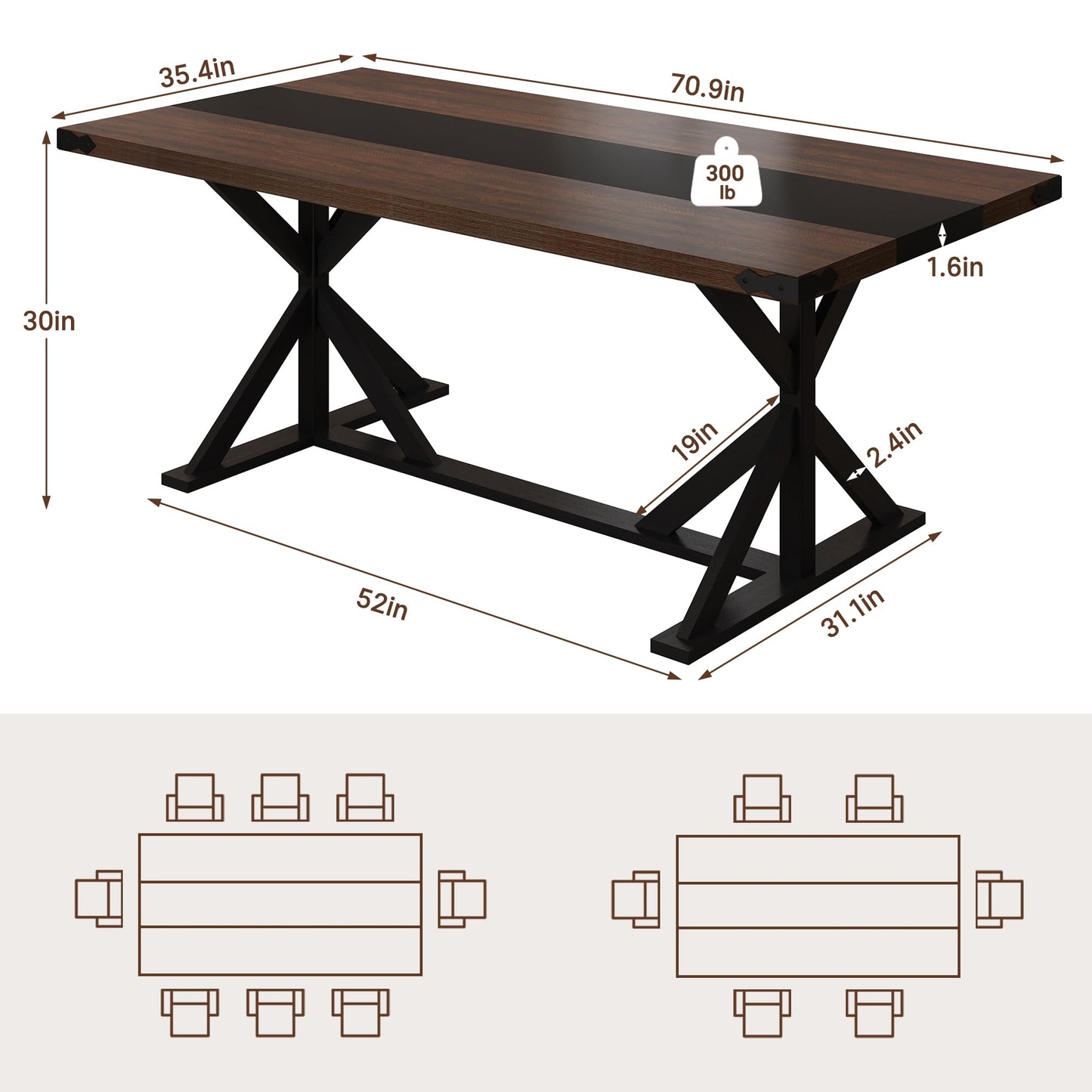 Hlivelood 71 Inch Dining Table for 6 People, Rectangular Kitchen Farmhouse Table W/Thickness Waterproof Wood Tabletop,Long Dining Room Tables W/Wood Strip Base for Kitchen Living Room(Brown&Black)