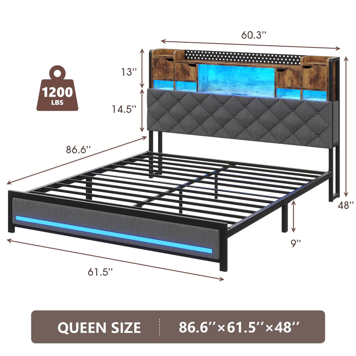 busyaeh King Size Bed Frame with Upholstered Storage Headboard, King Bed Frame with Smart LED Lights, Camas King Bed with Charging Station,Noise-Free, Metal Support, No Box Spring Needed, Gray