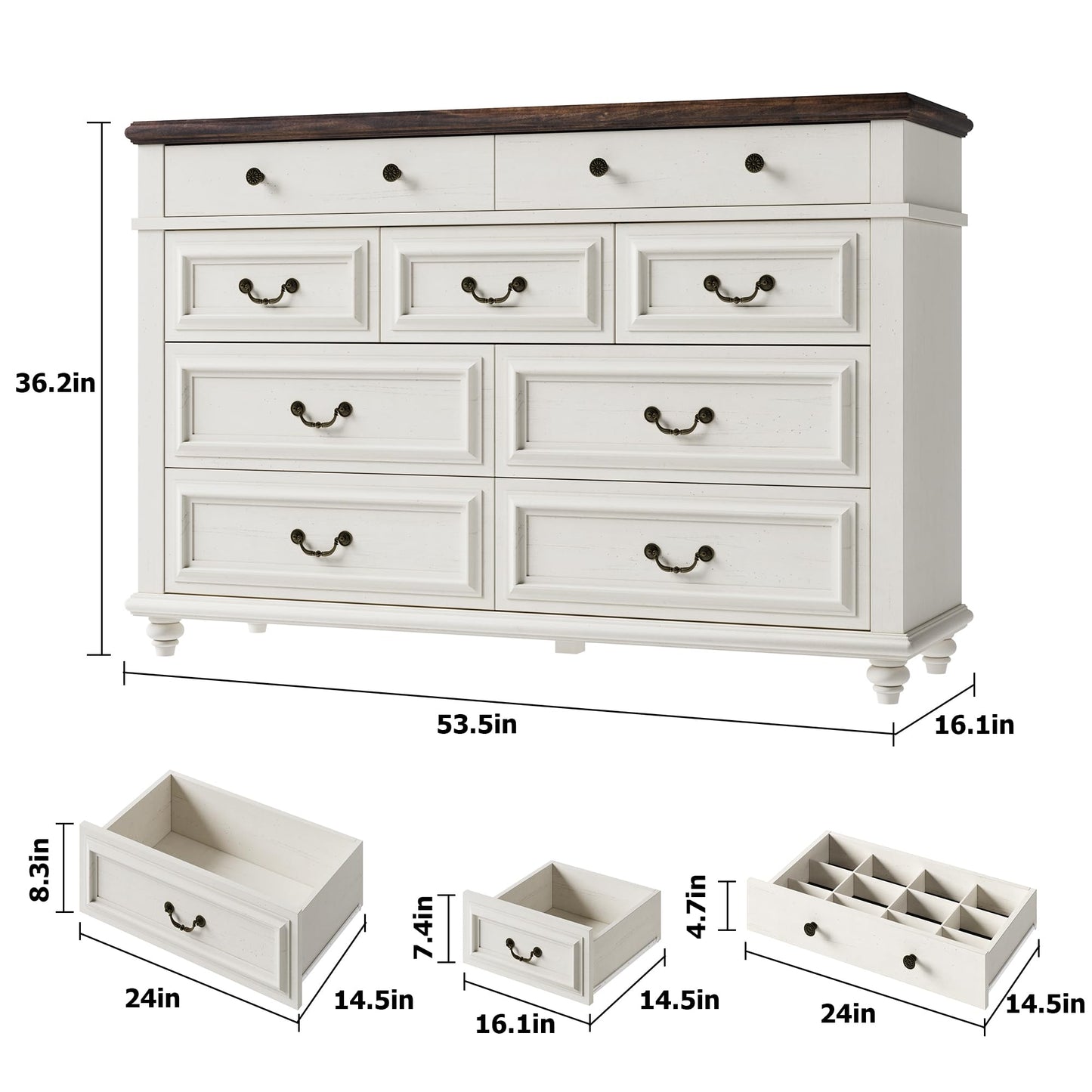 Jocoevol Cream Farmhouse Dresser for Bedroom, 9 Drawer Chest of Drawers, Tall Dressers for Bedroom Storage, Dresser for Closet, Dressers & Chests of Drawers (Cream, 53.5" Wide)