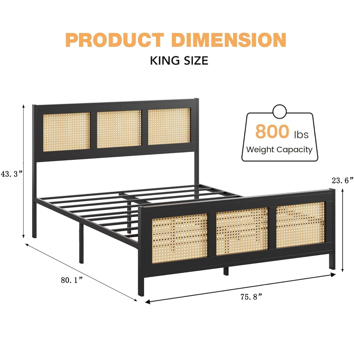 IDEALHOUSE King Size Bed Frame with Headboard, Bohemian Rattan Platform Bed Frame with Strong Metal Slats Support, No Box Spring Needed, Noise-Free Design, Black