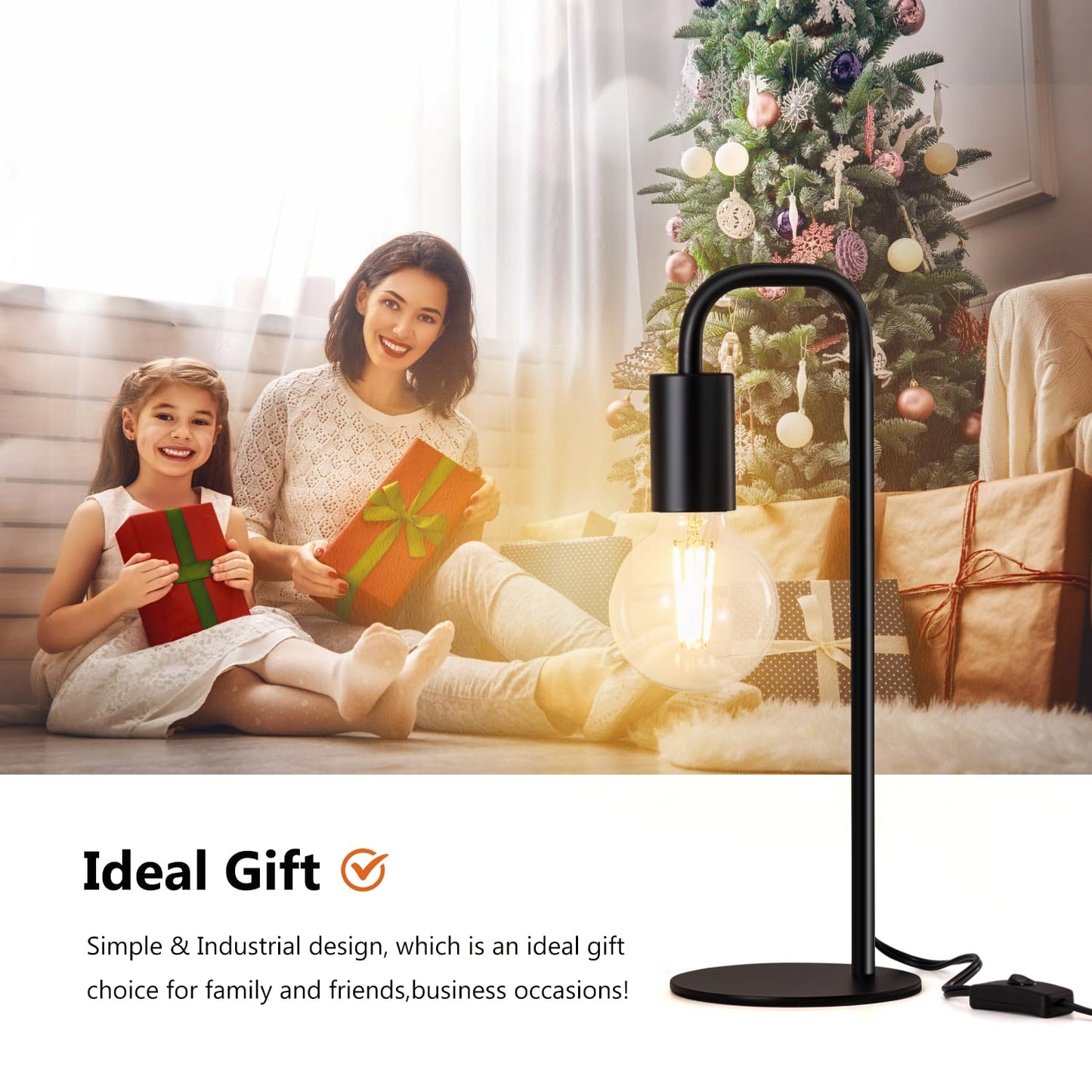 Iporovon Industrial Table Lamp for Bedroom, Bed Side Table Lamps for Nightstand with Wire Switch, E26 Socket Base, Modern Nightstand Lamp for Living Room, Reading, Office, Bulb Not Included