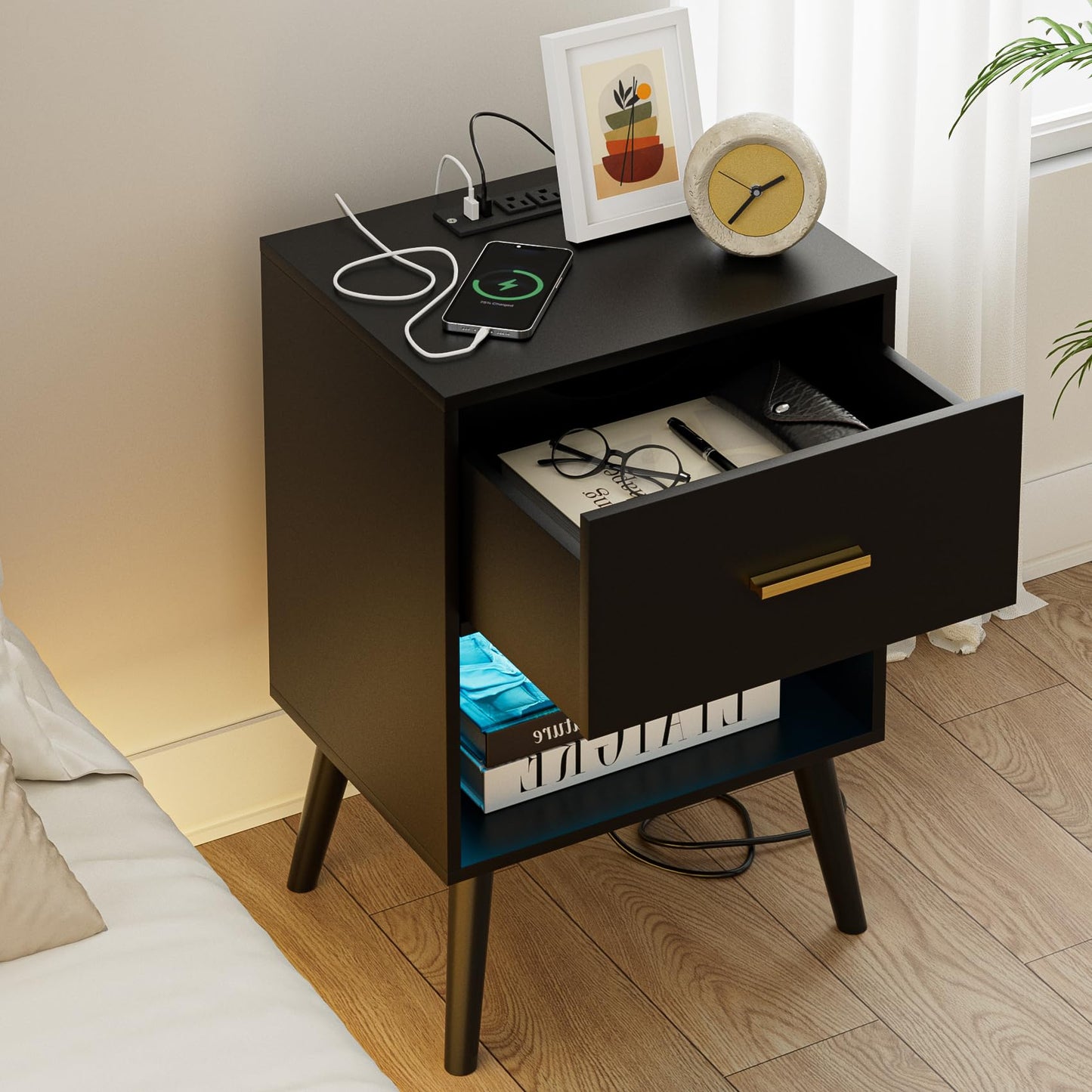 Aienvey Nightstand with Charging Station and LED Lights, Small Side Table, Bedside Table with Drawer, Modern Night Stand, End Table for Bedroom, Living Room (Black)