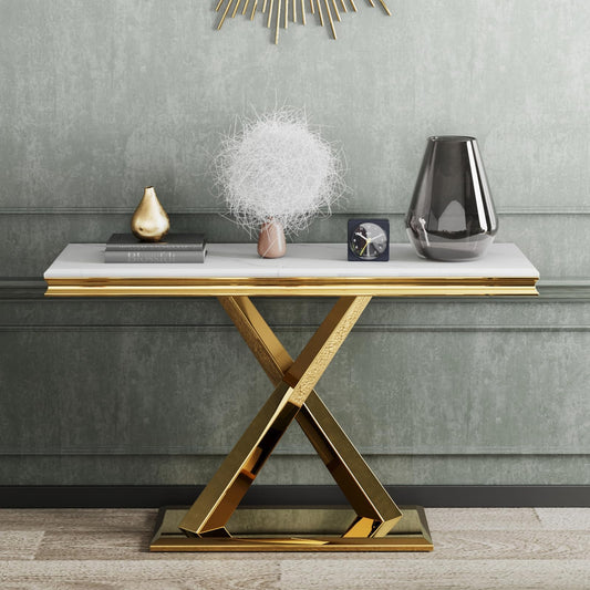 ACEDÉCOR Gold Console Table, 50" Entryway Table with White Tabletop & Gold Polished X-Base, Luxury Sofa Table for Living Room, Hallway, Foyer