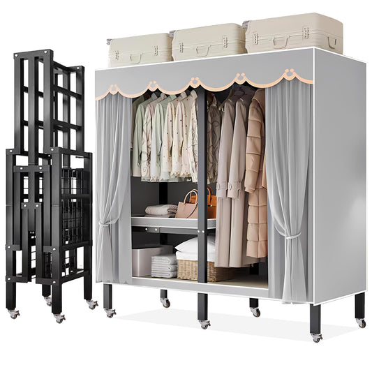 Dawselod Foldable Clothe Rack with Cover Heavy-Duty Portable Wardrobe Closet for Bedroom Armoires Freestanding Clothing Coat Storage Rack Garment Rack for Hanging Clothes (125cm/49.2in(Full Hanging))