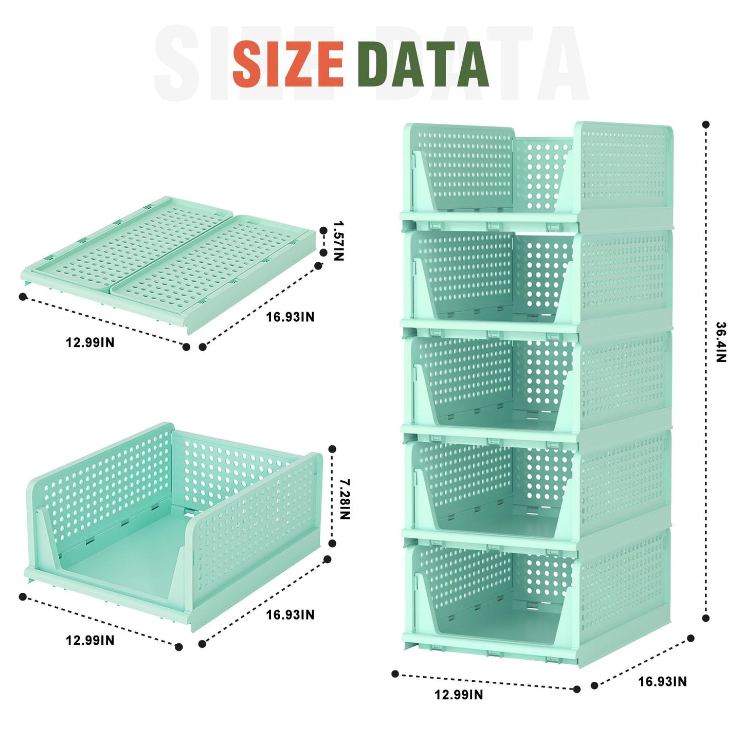 Neprock Closet Organizers - 5 Pack Folding Plastic Drawer Storage for Clothes, Stackable Bins for Closet, Cupboard, RV Bathroom (5L Green)