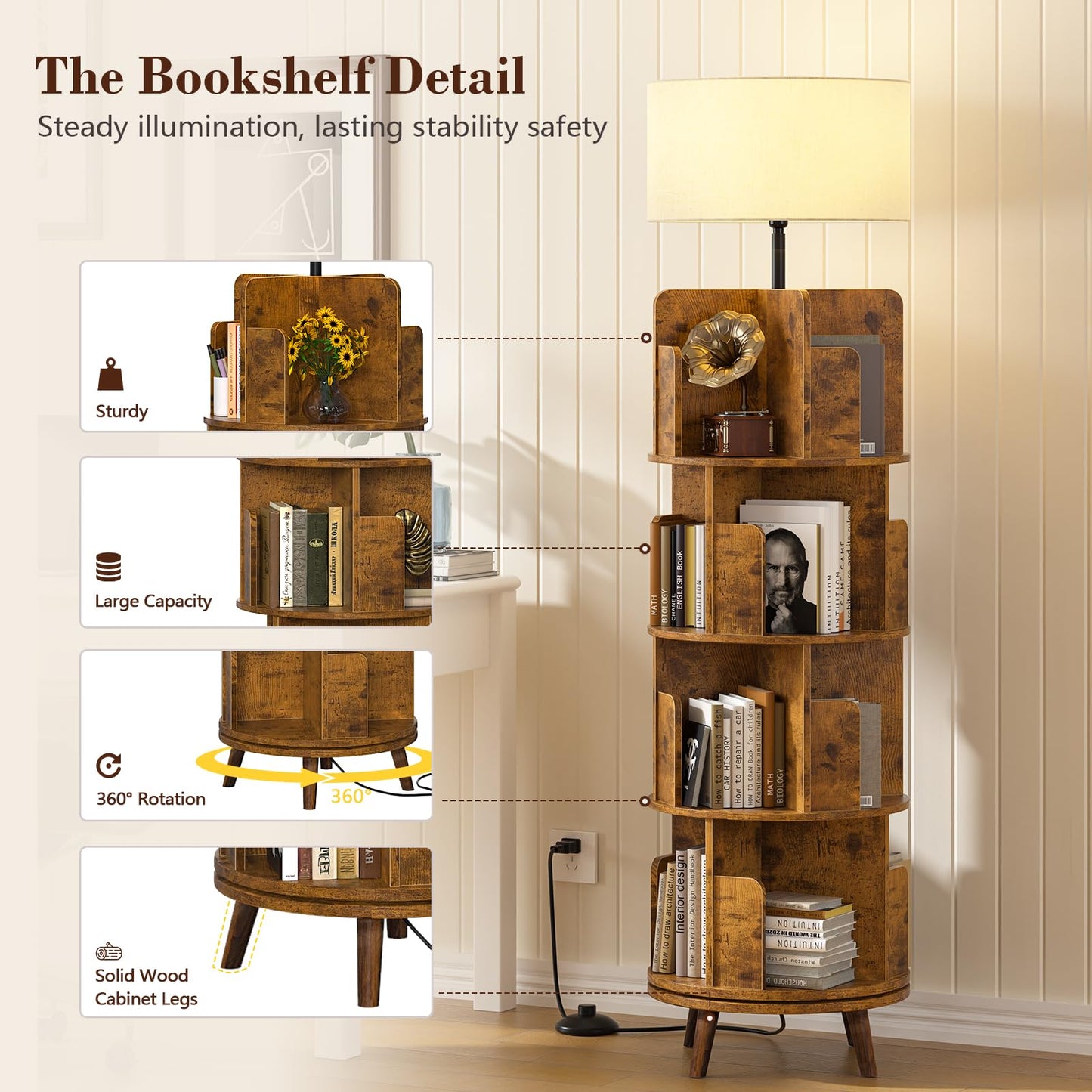 TVU Rotating Bookshelf with Light, 360 Degree Spinning Book Shelf Tower, 4-Tier Circular Bookcase for Small Spaces, Fits Any Corner, for Study、Living Room、Bedroom、Office, Flame Finish