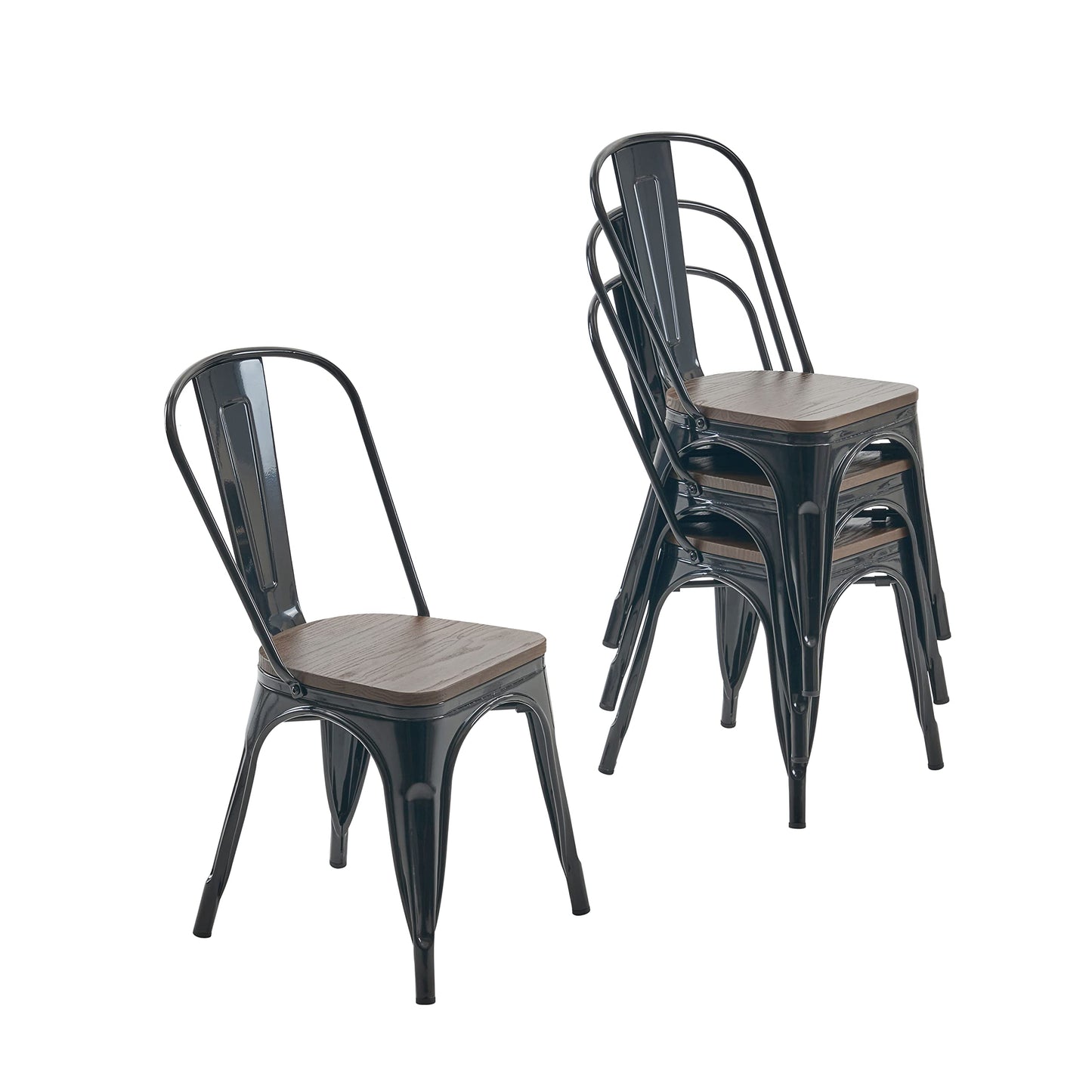 Nazhura Metal Dining Chair Farmhouse Tolix Style for Kitchen Dining Room Café Restaurant Bistro Patio, 18 Inch, Stackable, Waterproof Indoor/Outdoor (Sets of 4) (Black with Wood Padding)