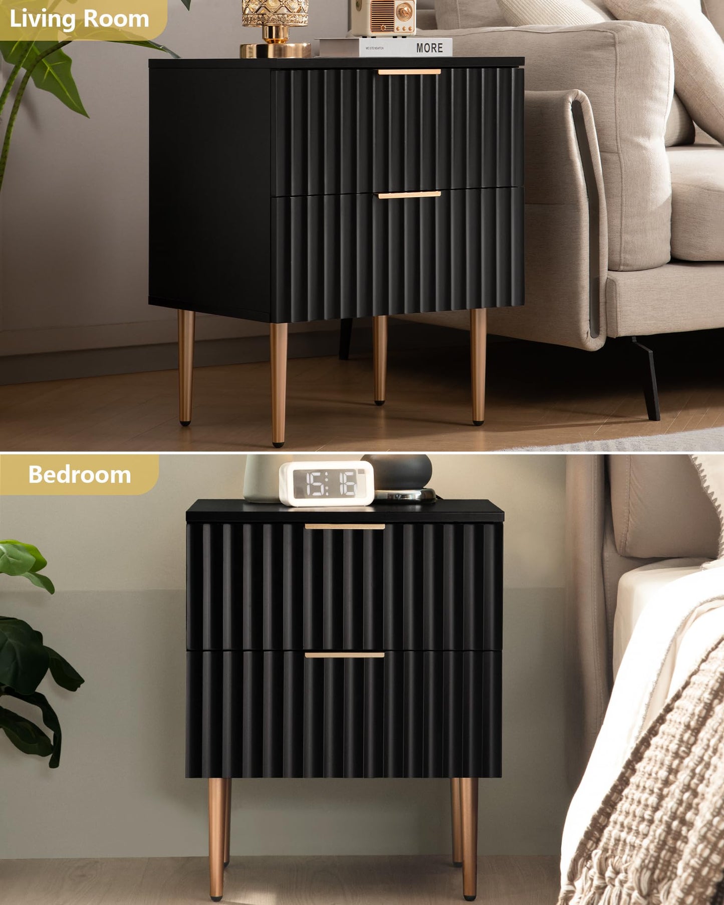 SICOTAS Black Night Stand Set 2, Wide Fluted Nightstand with 2 Drawers, Modern Glossy Storage Bedside Table for Bedroom, End Side Table with Golden Metal Legs and Handles