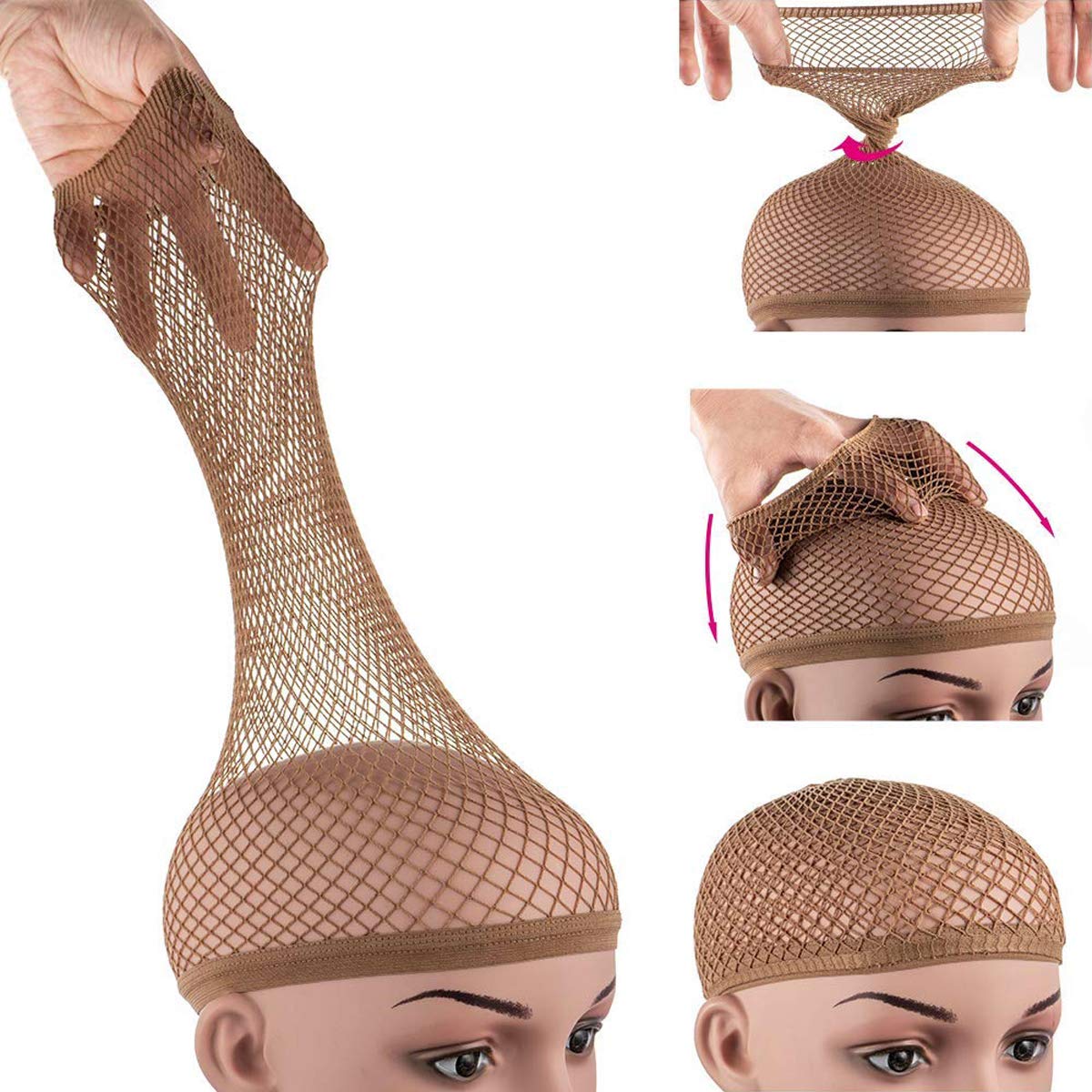 Dreamlover Mesh Wig Cap for Women, Hair Net for Halloween Wig, Brown, 3 Pieces