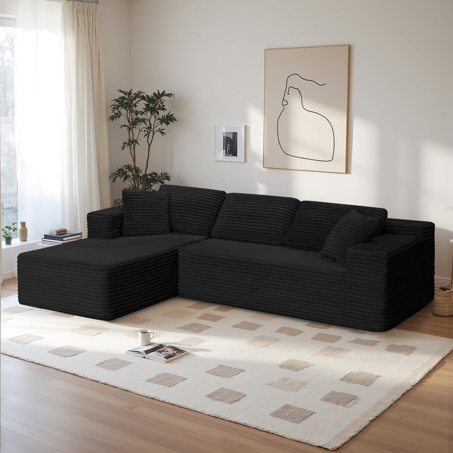 SaniCosi 108" Cloud Sectional Couch Sofa with L-Shape Chaise, Modern Modular Sofa Couch with Deep Seat, Upholstered Couches for Living Room Bedroom, No Assembly Required (Black)