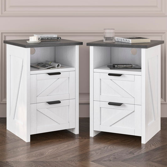 AURINEST Farmhouse Night Stand Set of 2, Bed Side Table with 2 Drawers and Storage Shelf, Rustic White End Table for Bedroom, Living, Entryway, Office, Dorm, Small Spaces, White
