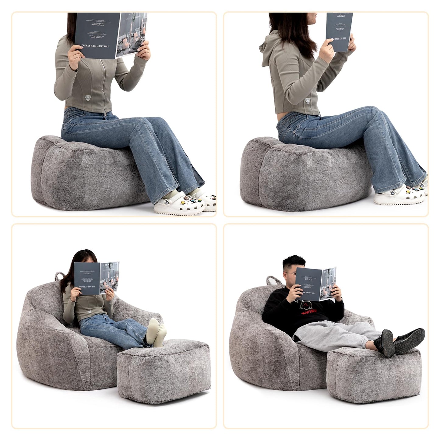 HollyHOME 15"(H) Bean Bag Ottoman Pouf, 6.6LB Memory Foam Filled Footstool for Sofa, Accent Stuffed Footrest Stool with Washable Cover, Single Footrest Stool for Living Room, Bedroom, Coffee