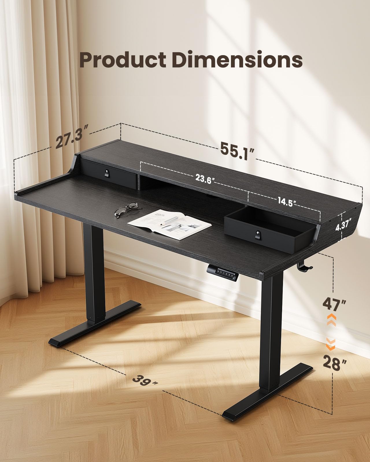 ErGear Electric Standing Desk with Drawers, 55″ x 28″ Gaming Table Compatible Monitor Stand, Stand up Desks, Home Office Height-Adjustable Desk with Storage Shelf, 4 Preset Heights, Black