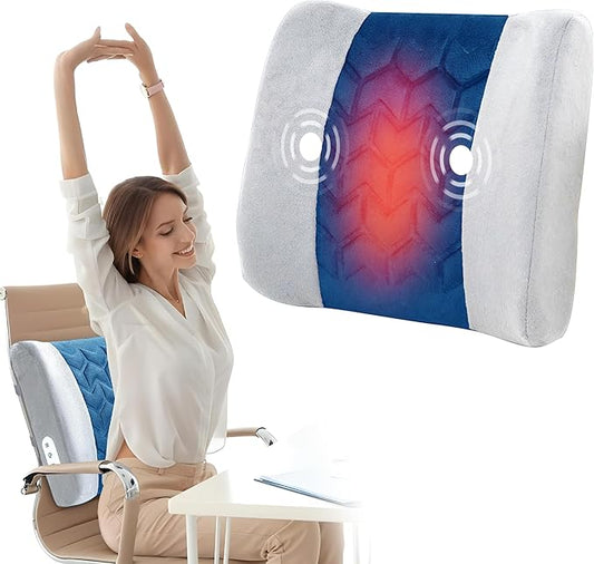CILI Lumbar Support Pillow for Office Chair, Heated Back Support with Vibration, Back Massager for Chair, Rest Cushion Pillow for Desk Chair Sofa, Gifts for Mom Dad Women Men(Blue)