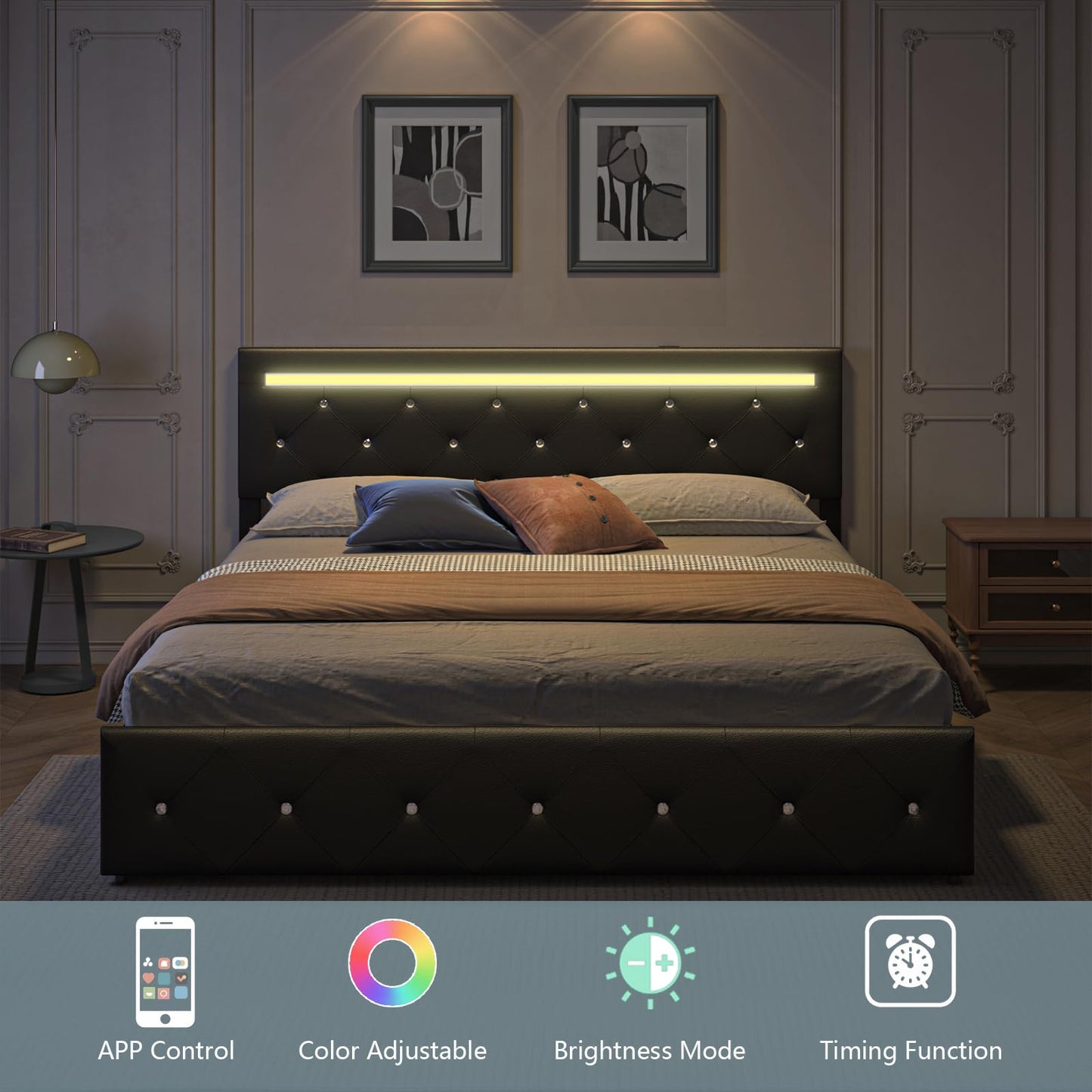 Forrise Bed Frame Full Size with Storage Drawers and LED Light, 2 Sockets and 2 USB Ports, Adjustable Headboard with PU Leather Upholstered, No Box Spring Needed, Wooden Slats Support, Black.