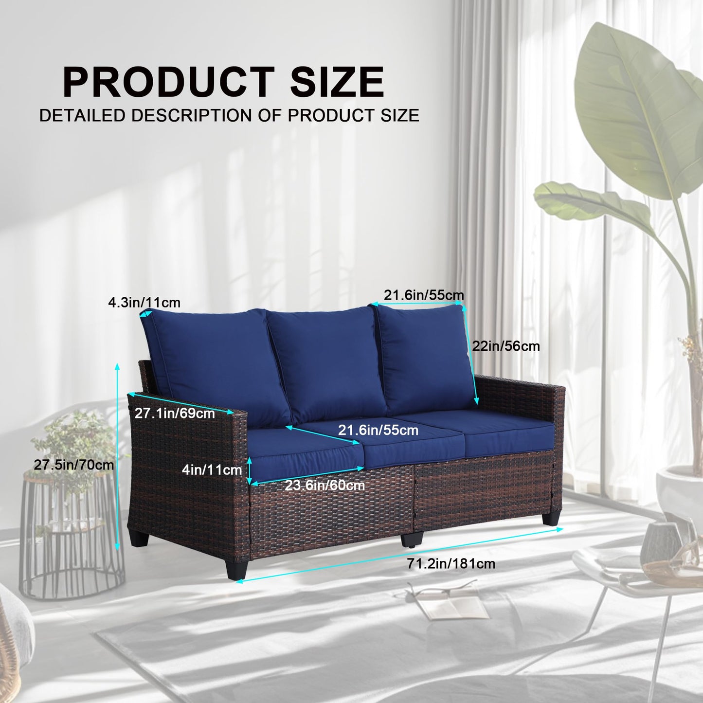 EortheX Outdoor Patio Sofa, 3-Seat Rattan Wicker Couch for Garden Deck or Porch, Comfortable All-Weather Patio Furniture with Anti-Slip Cushions (Blue)
