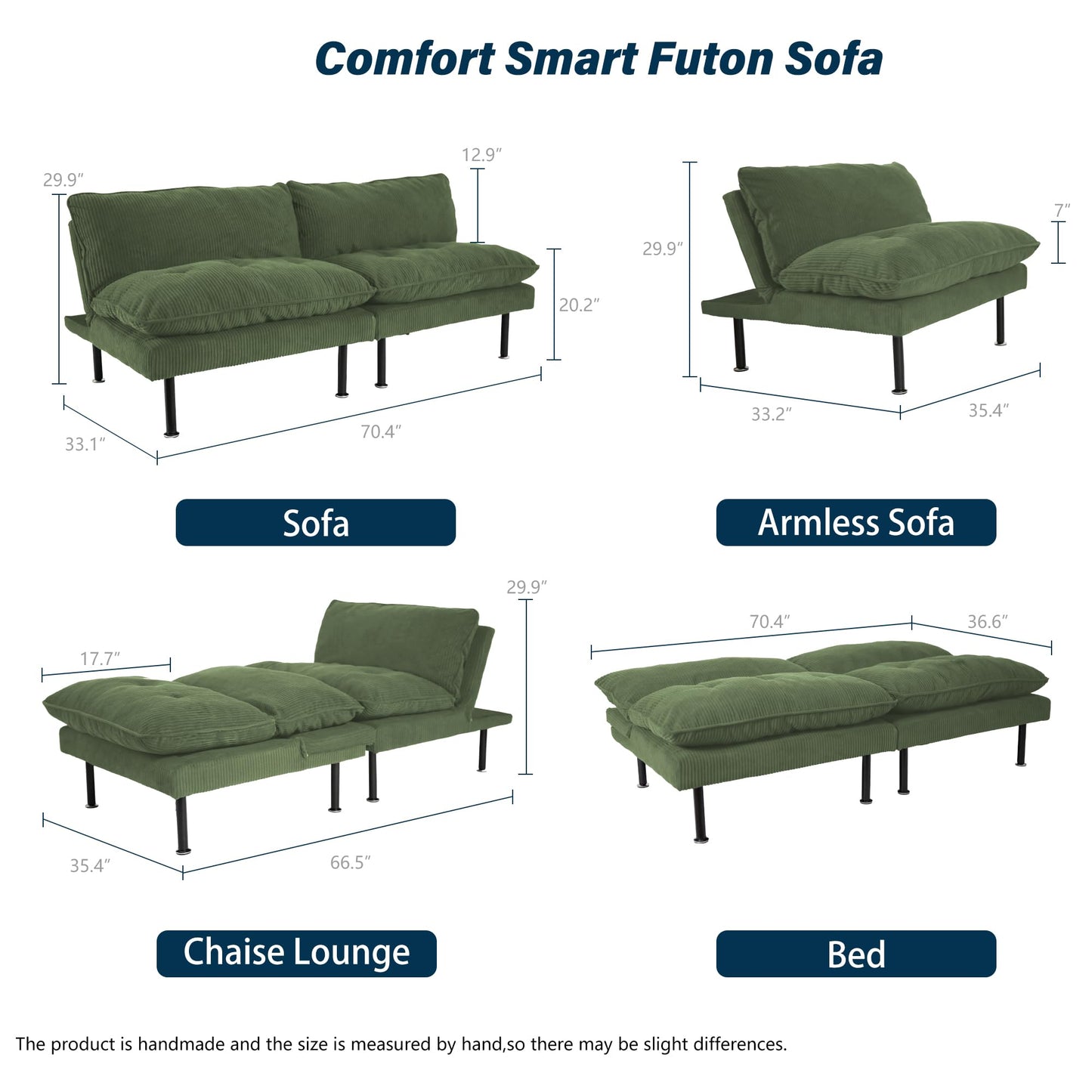 Ribilake 70" Futon Sofa Bed, 4 in 1 Multi-Function Couch Sleeper with Adjustable Backrest, Modern Convertible Futon, Recliner Small Loveseat for Living Room, Dorm, Green