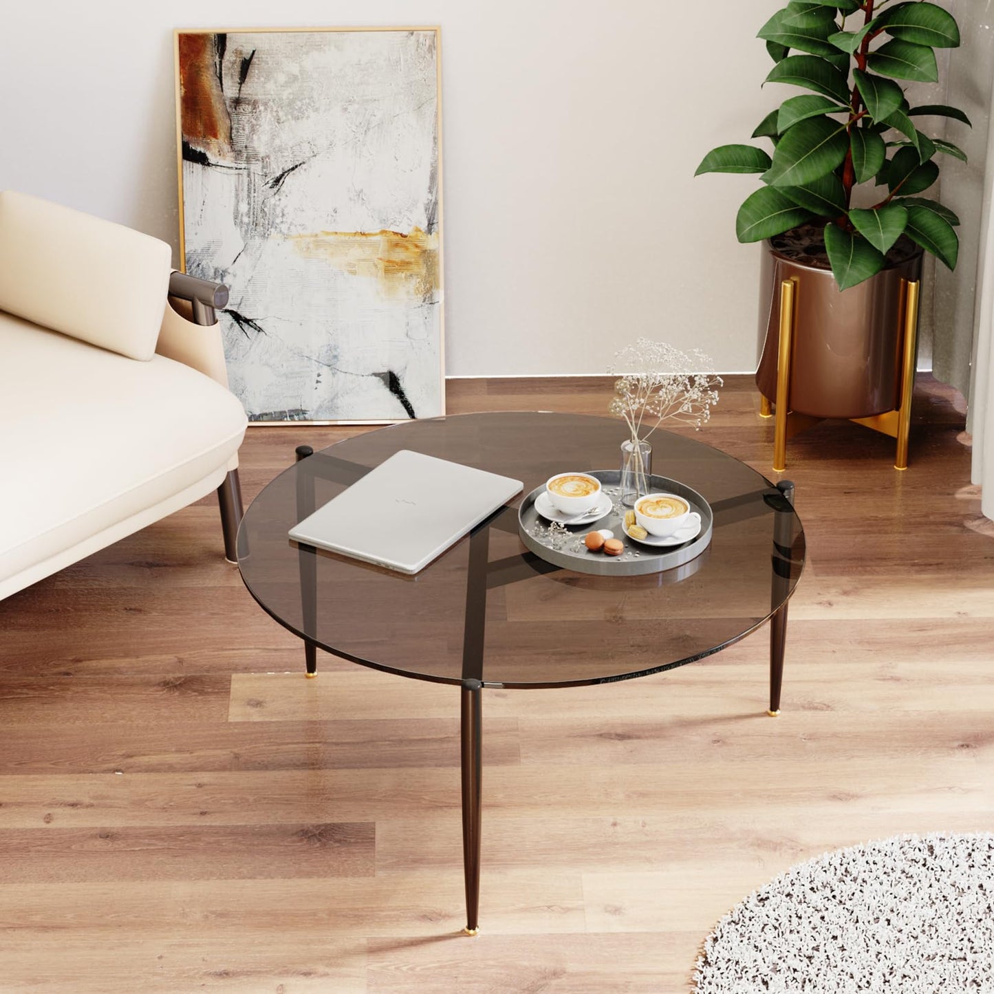 Artloge Round Tempered Glass Table: 31.5 inch Large Circle Top Storage Shelf with Metal Frame, Modern Coffee Table Center Desk Luxury Furniture for Living Room, Grey