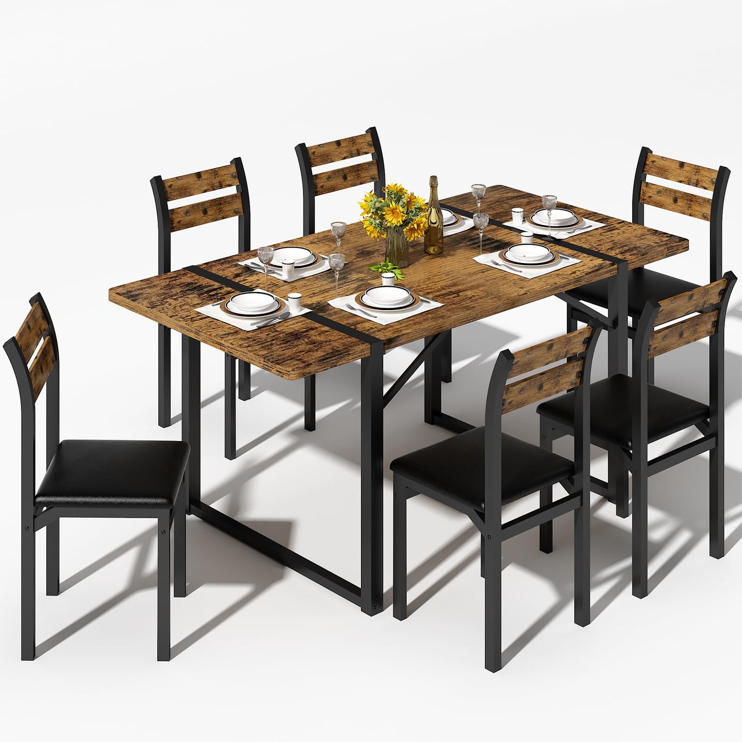 Recaceik Dining Table Set for 6, 55‘’ Wooden Dinner Table Set for 6 with Upholstered Dining Room Chairs, Farmhouse Kitchen Table and Chairs