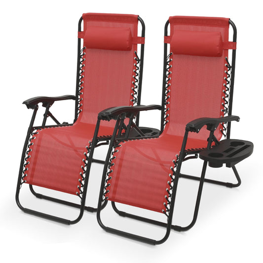 Athena Collection Zero Gravity Outdoor Lounge Chair Set of 2 with Cup Holder, 25" Width Pool Lounge Lawn Chairs Reclining, Outdoor Chaise for Beach Patio Backyard Outside, Dark Red