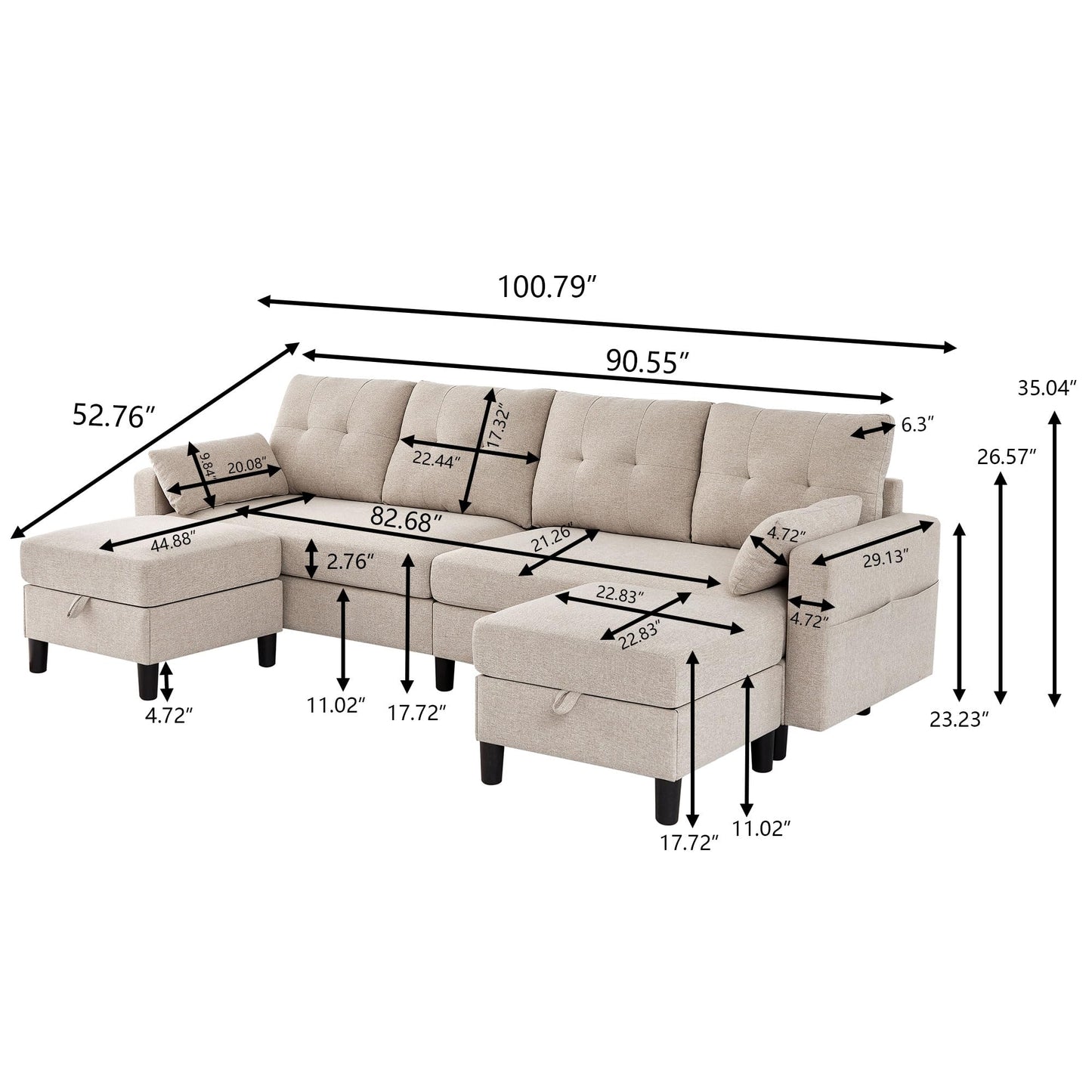 Enobala 101" Sectional Sofa 4 Seat U Shaped Couch with Storage Ottoman for Living Room, Reception Room ect, Combination Sectional Couch with Movable Ottoman Sets, Beige