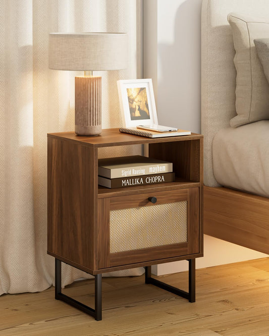 Apetaccat Rattan Nightstand, Boho Night Stand Farmhouse Wood Bedside Table with Storage and Open Shelf, End Side Accent Table for Bedroom,Living Room,Walnut