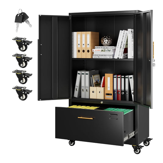 Aobabo Metal 1 Drawer Office File Cabinet with Lock and 2 Doors, Office Steel Files Cabinet with Wheels, Legal/Letter A4 Size, Assembly Required, Black