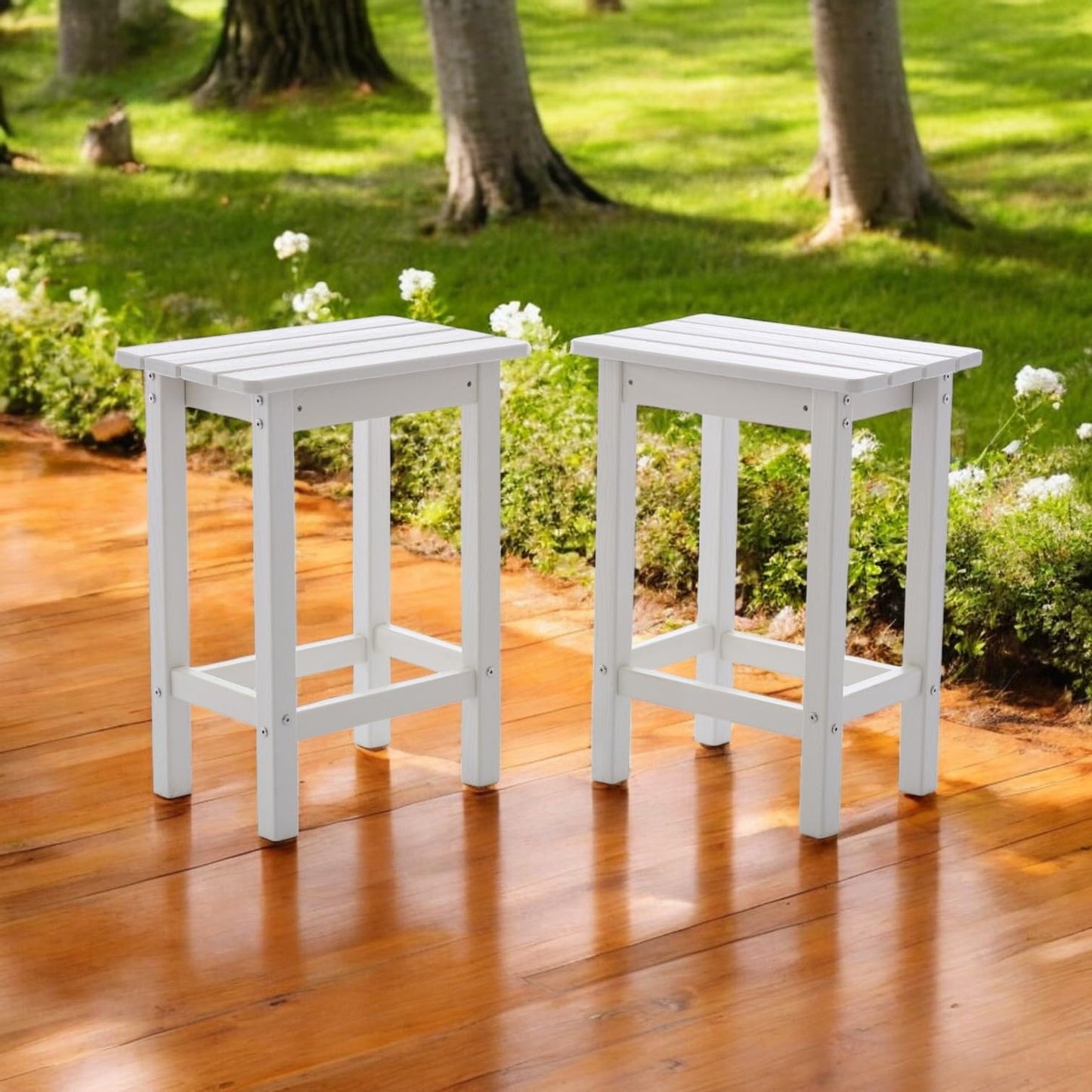 AXMOLM HDPE 2 Piece Outdoor Bar Height Stools, All-Weather Patio High Top Bar Stools, Outdoor Bar Chairs with Cushions for Balcony, Backyard, Garden, Deck (White, Bar Stools)