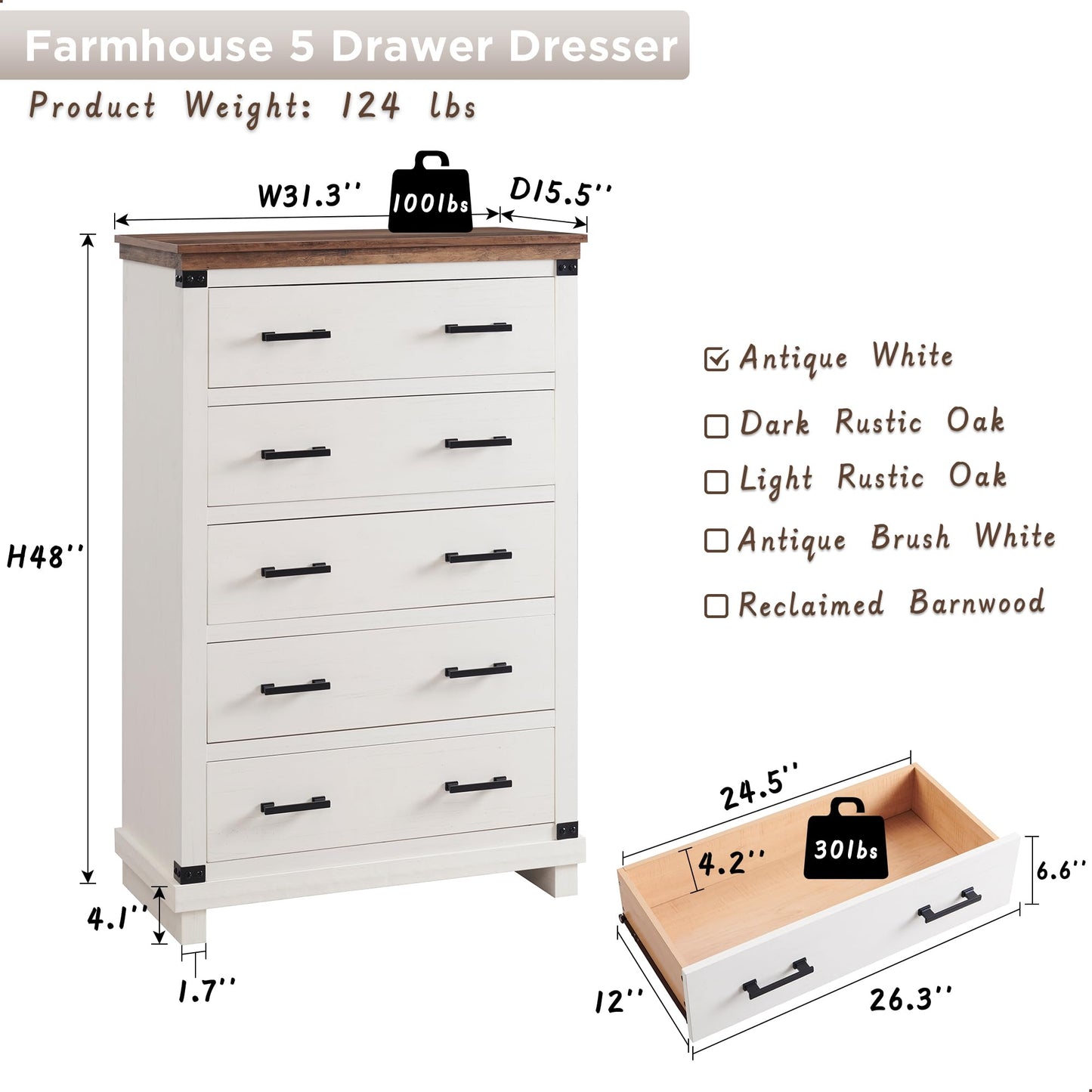 T4TREAM Farmhouse 5 Drawers Dresser for Bedroom, 48" Tall Wood Chest of Drawers w/Natural Texture & Metal Handle, Rustic Storage Dressers Organizer for Living Room, Hallway, Antique White