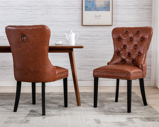 CIMOTA Brown Leather Dining Chairs Set of 2 Mid Century Modern Dining Room Chairs Tufted Upholstered Kitchen Dining Chairs Comfortable Side Chairs with Nailhead Trim/Ring Back (PU /2PCS)