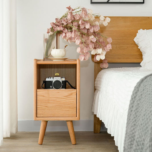 Cttasty Night Stand, Solid Wood Nightsatnd with One Drawer & Open Shelf, Mid Century Modern Nightstand, Durable & Sturdy Small End Table, 11.81 W x 15.75 D x 22.05 H Inches, (Natural)