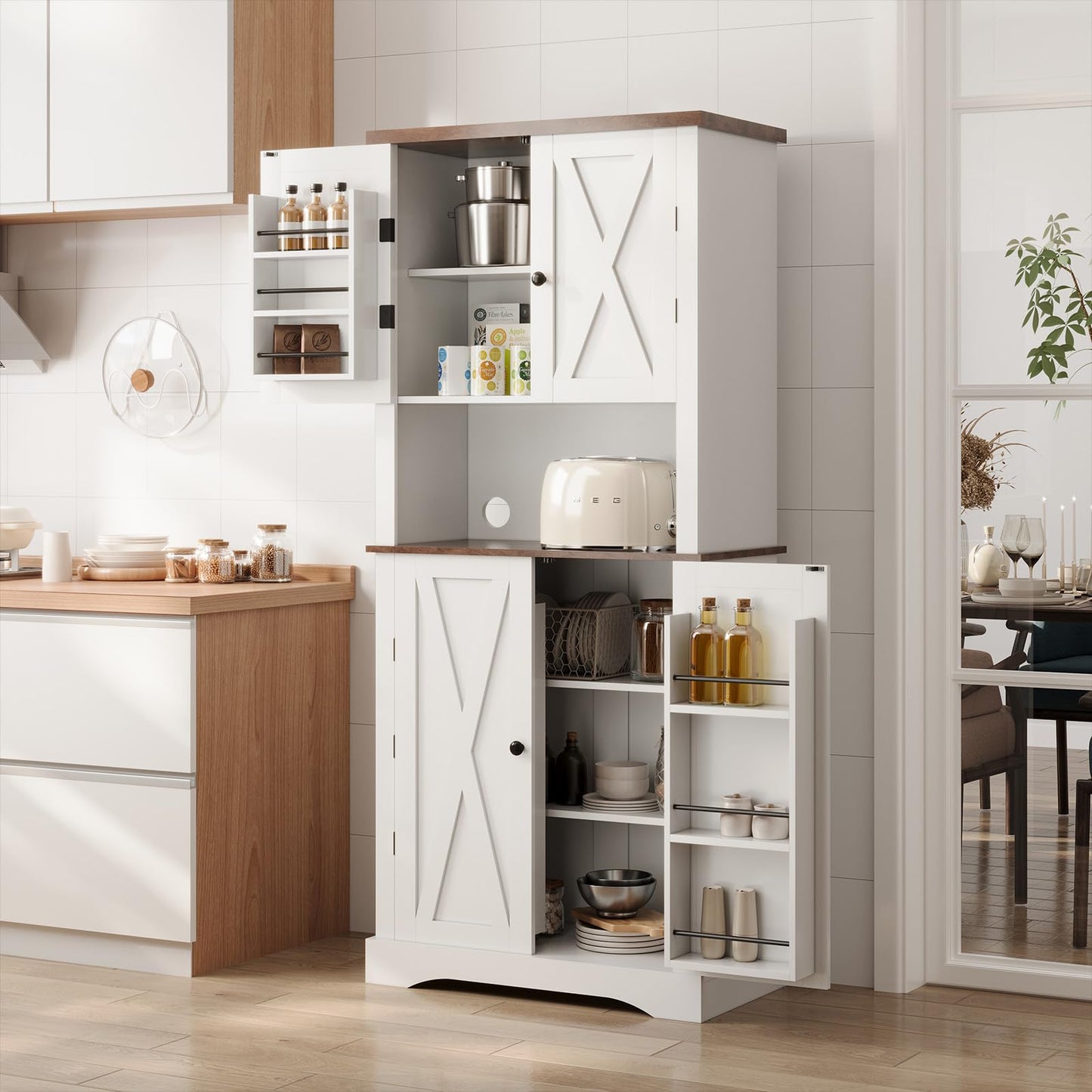 Apicizon 72" Kitchen Pantry Cabinet, Farmhouse Kitchen Cabinets with Barn Doors & Storage Shelves, Pantry Storage Cabinet- Coffee Bar, Tall Cabinets Organizer for Dining Room Living Room