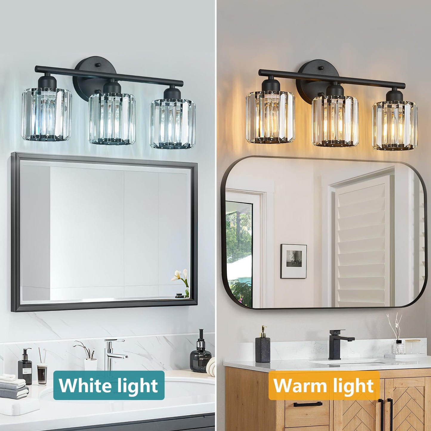 FDPBY Modern 3 Light Crystal Vanity Light, Black Vertical Bathroom Light Fixture Over Mirror for Dressing Table Sink, Compatible with Dimmable Bulbs (Bulbs Not Included)