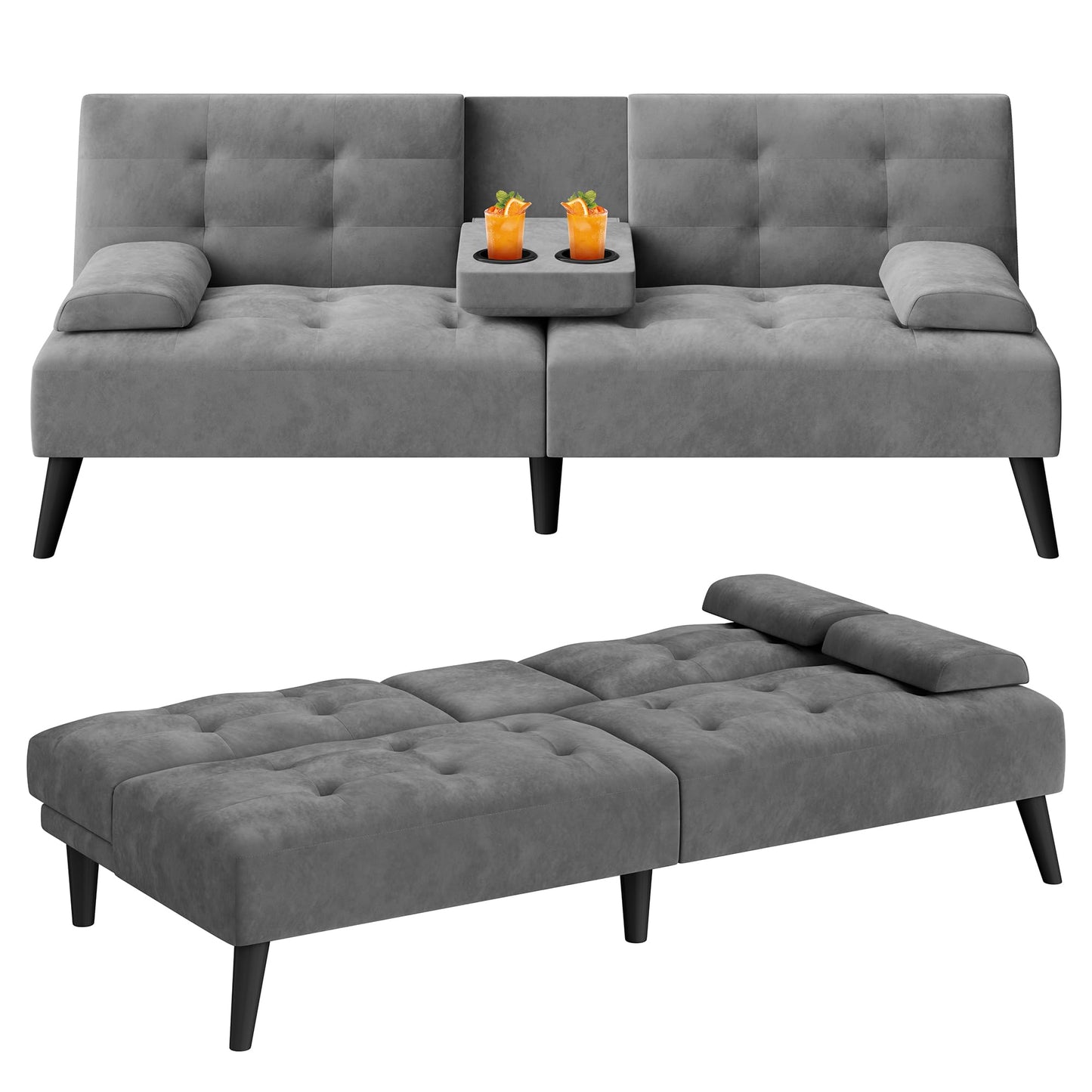 Meilocar Futon Sofa Bed Couch, Modern Convertible Sofa Couch, 64 in Adjustable Recliner Sofa Bed for Living Room, 2 Armrest Pillows, 2 Cup Holders, Dark Grey
