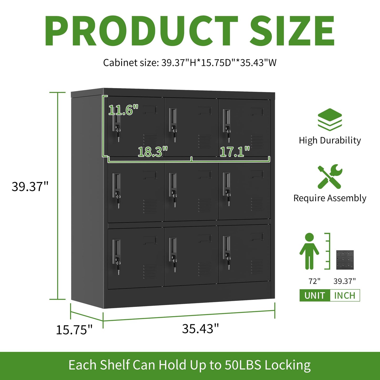 Yukimo 9 Door Metal Locker, Storage Lockers for Employees, Steel Storage Locker with Lock and Card Slot, Employee Lockers for Home, Office, School, Gym, Require Assembly(Black)