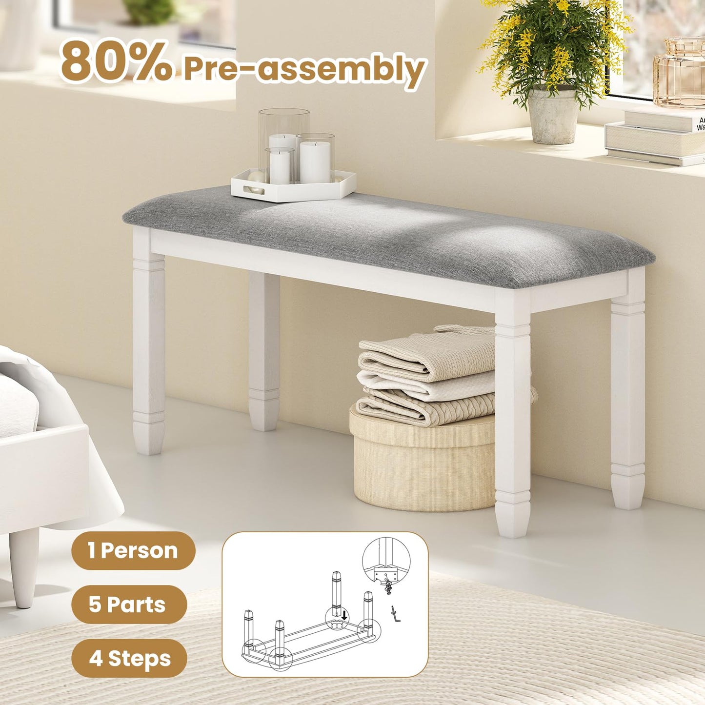 Giantex Upholstered Dining Bench with Padded Seat, Solid Wood Legs, Load 800 lbs, 40.5"x16"x20", Entryway Shoe Rack Bench for Kitchen, Dining Room, Living Room, Bedroom, End of Bed, Hallway (Grey,2)