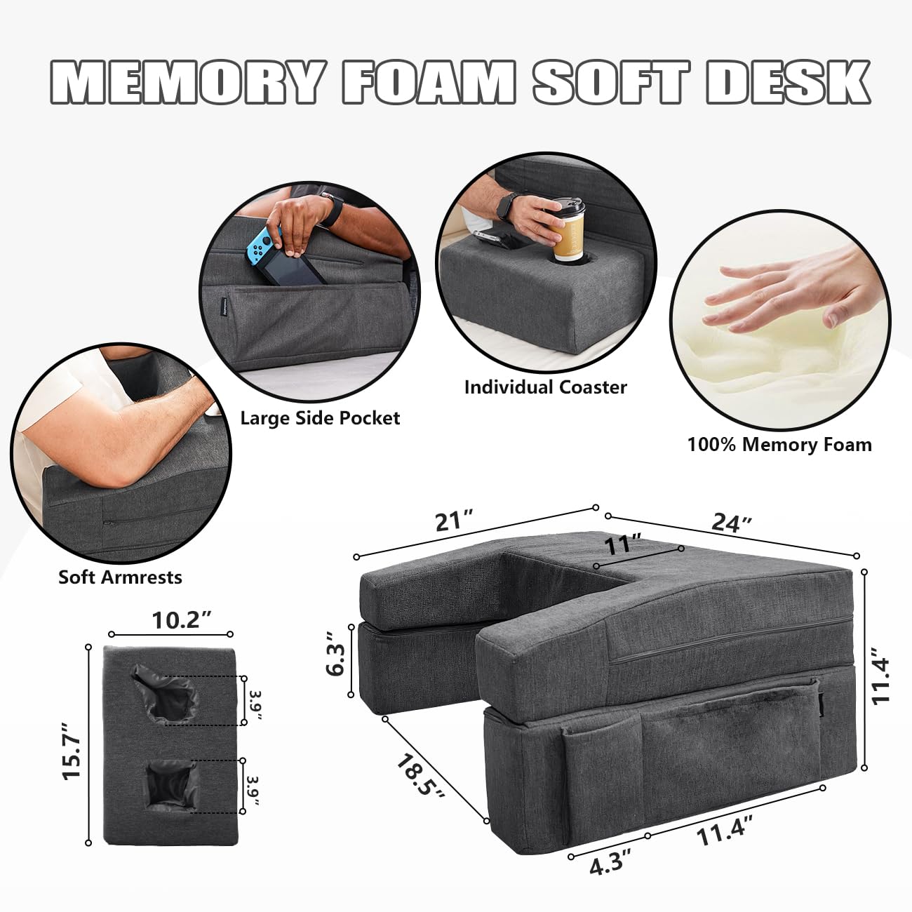 Comehealthy Lap Desk Pillow for Laptop, Large Reading Pillow for Adult, Arm Rest Pillow with Cup Holder, Memory Foam Bed Desk for Working, Gaming, Reading, Laptop Desk for Couch Bed Floor(Grey)